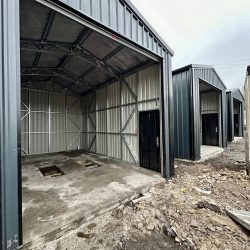 angled view of built and installed sheds